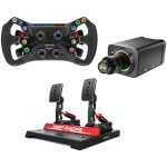 Sim racing wheel with colorful buttons, a foot pedal set, and a black pedal base for PC/console racing setups