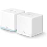 Two white cube-shaped Halo smart speakers with rounded edges, one with a light blue base, placed side by side on a white background.