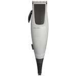 Electric hair trimmer (Remington) with a white body, black grip, and trimming blades at the top for grooming facial or body hair.