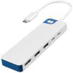 White USB-C multiport hub with several ports (USB-A and HDMI) and a short white cable, blue end caps