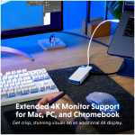 Desk setup with a USB-C 4K hub connected to a laptop; on-screen text advertises extended 4K monitor support for Mac, PC, and Chromebook.