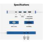 Product spec diagram of a blue USB-C hub showing ports: USB-C, USB-A, HDMI 4K, microSD, SD 104MB/s; includes USB-C to host, SD card slot, and a PD 100W/3.5mm jack section.