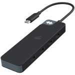 Black USB-C hub with four ports and a short attached cable, used to expand a laptop's connectivity