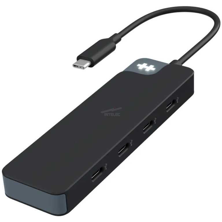 Black USB-C hub with four ports and a short attached cable, used to expand a laptop's connectivity