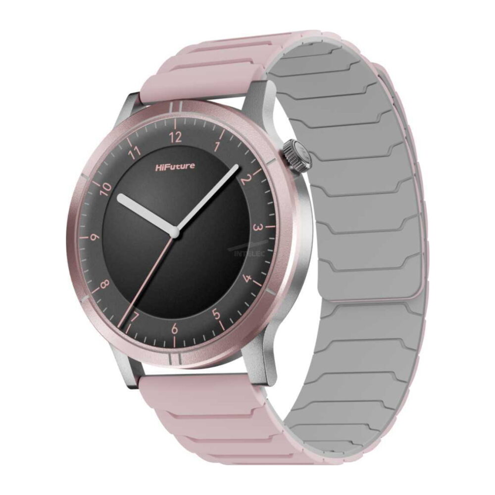 Pink and silver wristwatch with a black dial and pink numerals, angled to show the bracelet.