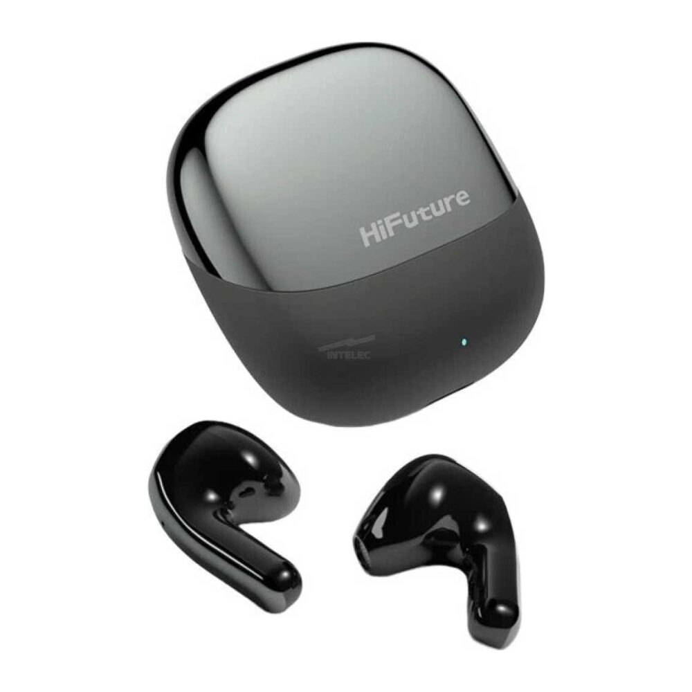 HiFuture wireless earbuds with a glossy dark charging case and matching black earbuds laid out beside it