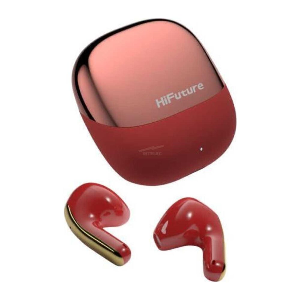 Red HiFuture wireless earbuds with a glossy charging case