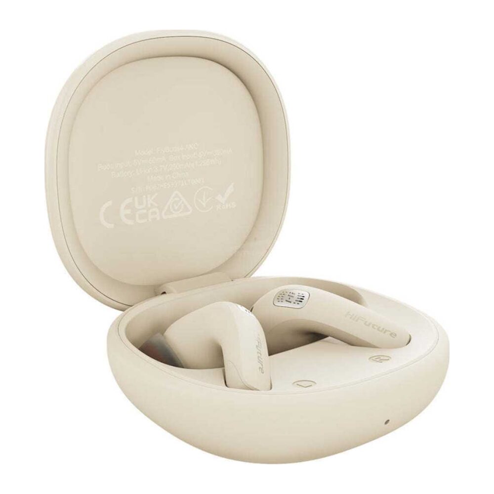 Beige wireless earbuds in an open charging case, lid raised, showing two earpieces inside.