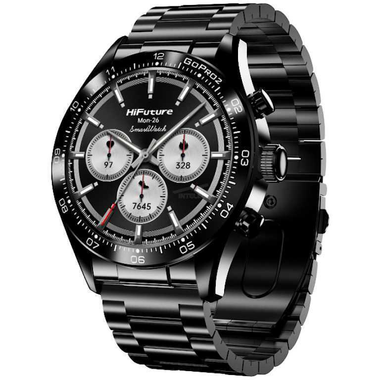Black stainless steel chronograph watch with three silver subdials and white markers, angled to show side crown buttons and bracelet link design, branding HiFuture on dial.