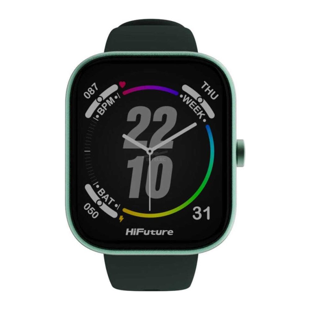 HiFuture smartwatch with a black screen, showing 22:10, colorful activity rings around the edge, date THU 31, and a HiFuture logo at the bottom.