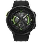 Black smartwatch with green accents and a black strap; round dial displays 10:08, 7645 steps, 24°C, and Monday.