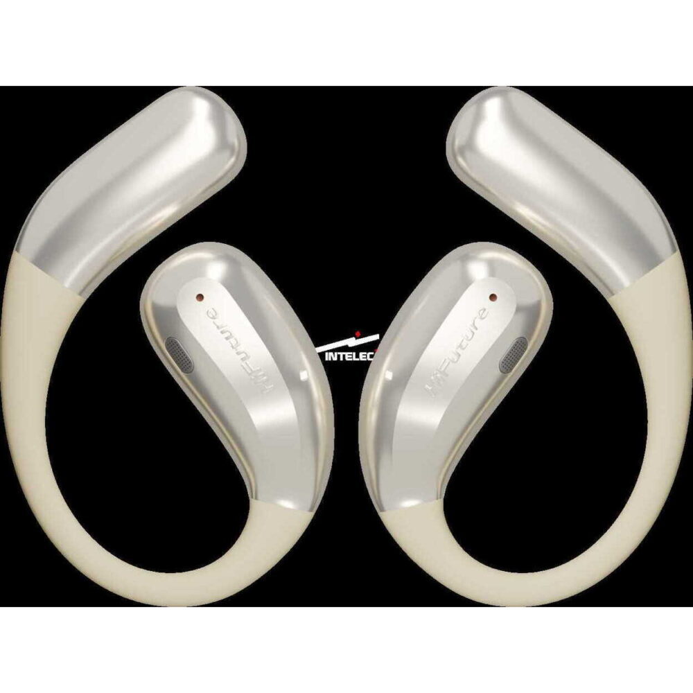 Beige wireless neckband headphones with silver in-ear buds shown from above.