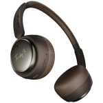 Brown over-ear headphones with a padded headband and large cushioned ear cups, shown in a side view.