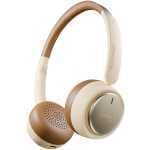 Over-ear wireless headphones with brown leather cushions and a beige frame, featuring a metallic front panel and brand logo.
