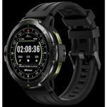 Rugged black smartwatch with a circular display showing the time and fitness stats on a black band, against a dark background.
