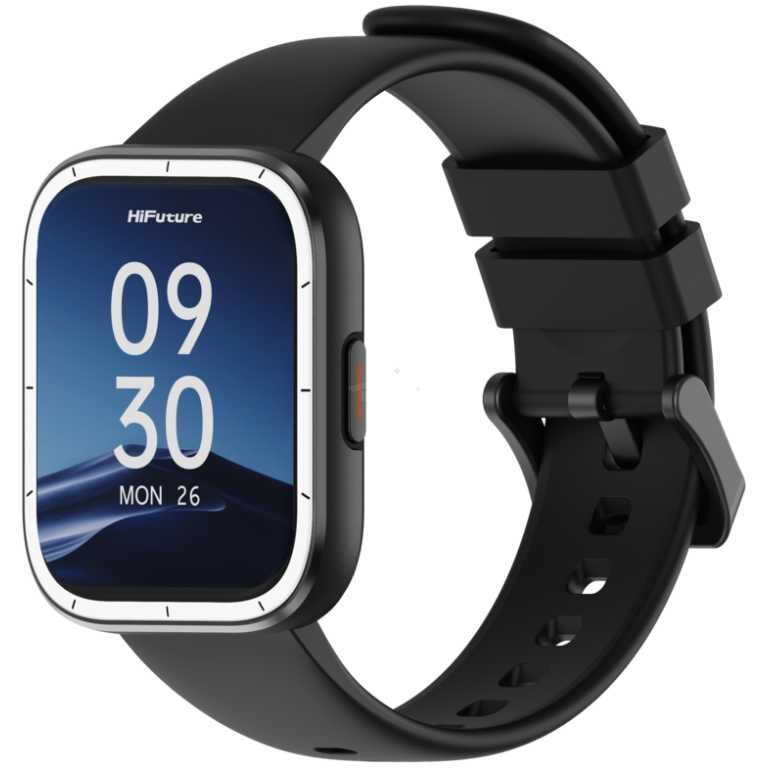 HiFuture smartwatch with a black silicone strap and silver bezel showing 09:30 and date on the display (front view).