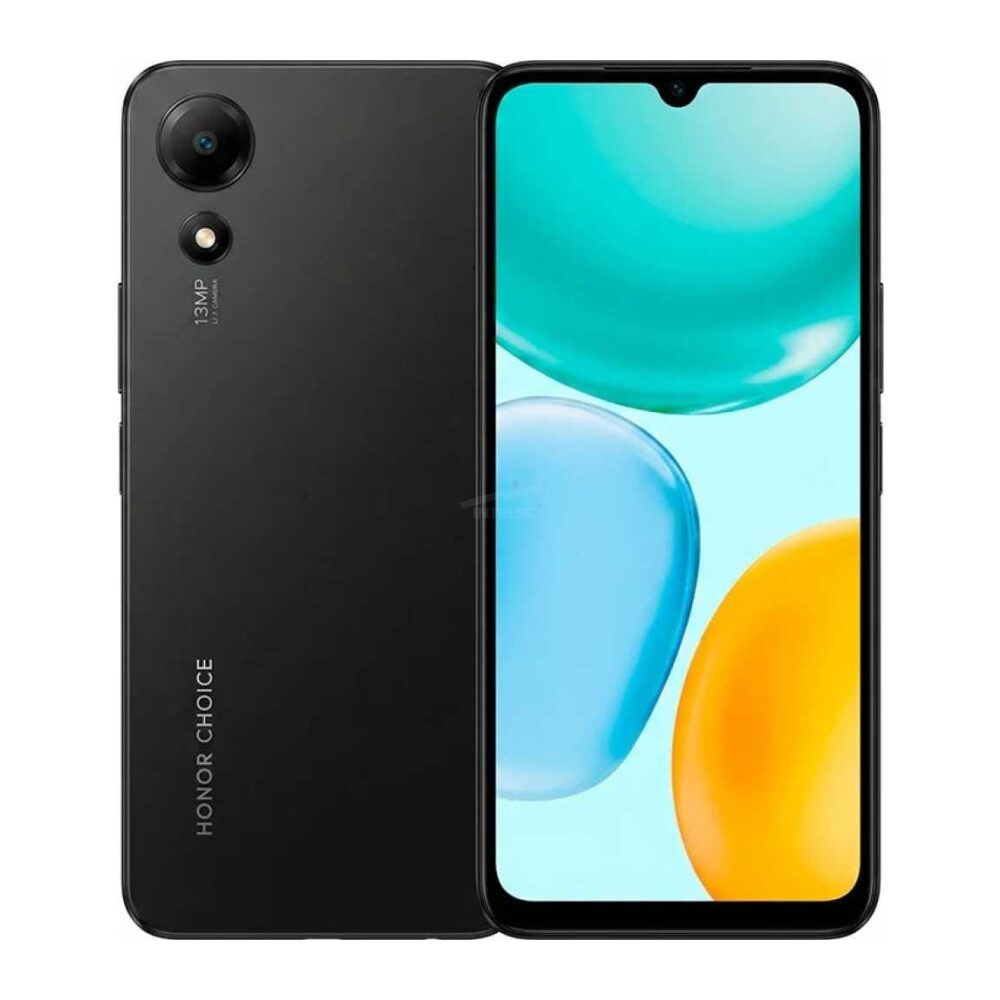 Back and front view of a black Honor smartphone, camera bump and 13MP lens on the rear, and a tall edge-to-edge display with a small notch at the top.