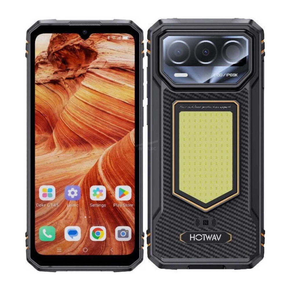 Front and back view of a rugged HOTWAV smartphone with reinforced black casing; home screen shows app icons over a canyon wallpaper, while the rear highlights a triple-camera module and large LED panel on a textured black body.