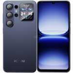 Front and back views of a dark blue smartphone: back has a triple camera array and small sensors; front shows a large edge-to-edge display with a top-centered notch.