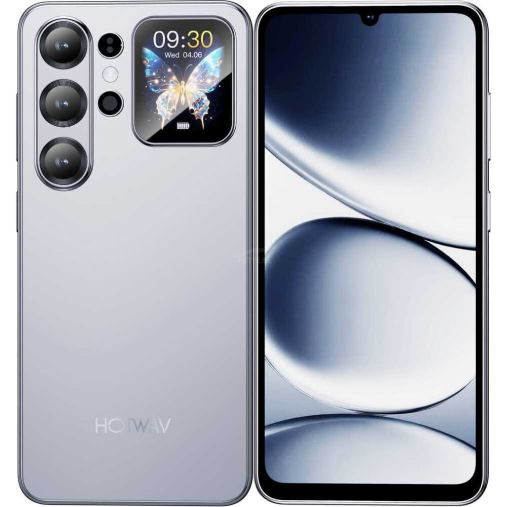 Front and back view of a gray HOWAV smartphone: left shows a triple-camera rear cluster and butterfly wallpaper, right shows the tall edge-to-edge display with a notch at the top.