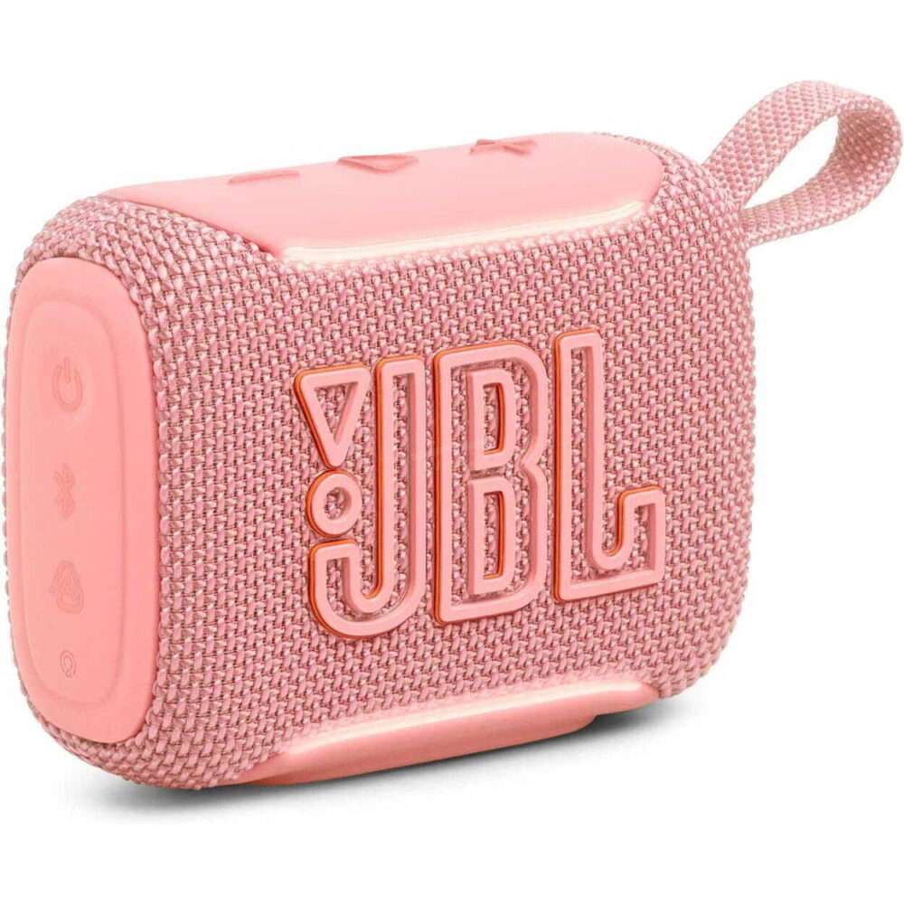 Pink portable Bluetooth speaker with braided fabric and a loop handle.
