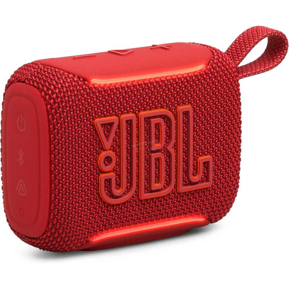 Red JBL portable Bluetooth speaker with a red fabric mesh cover and illuminated base strip on the bottom edge.