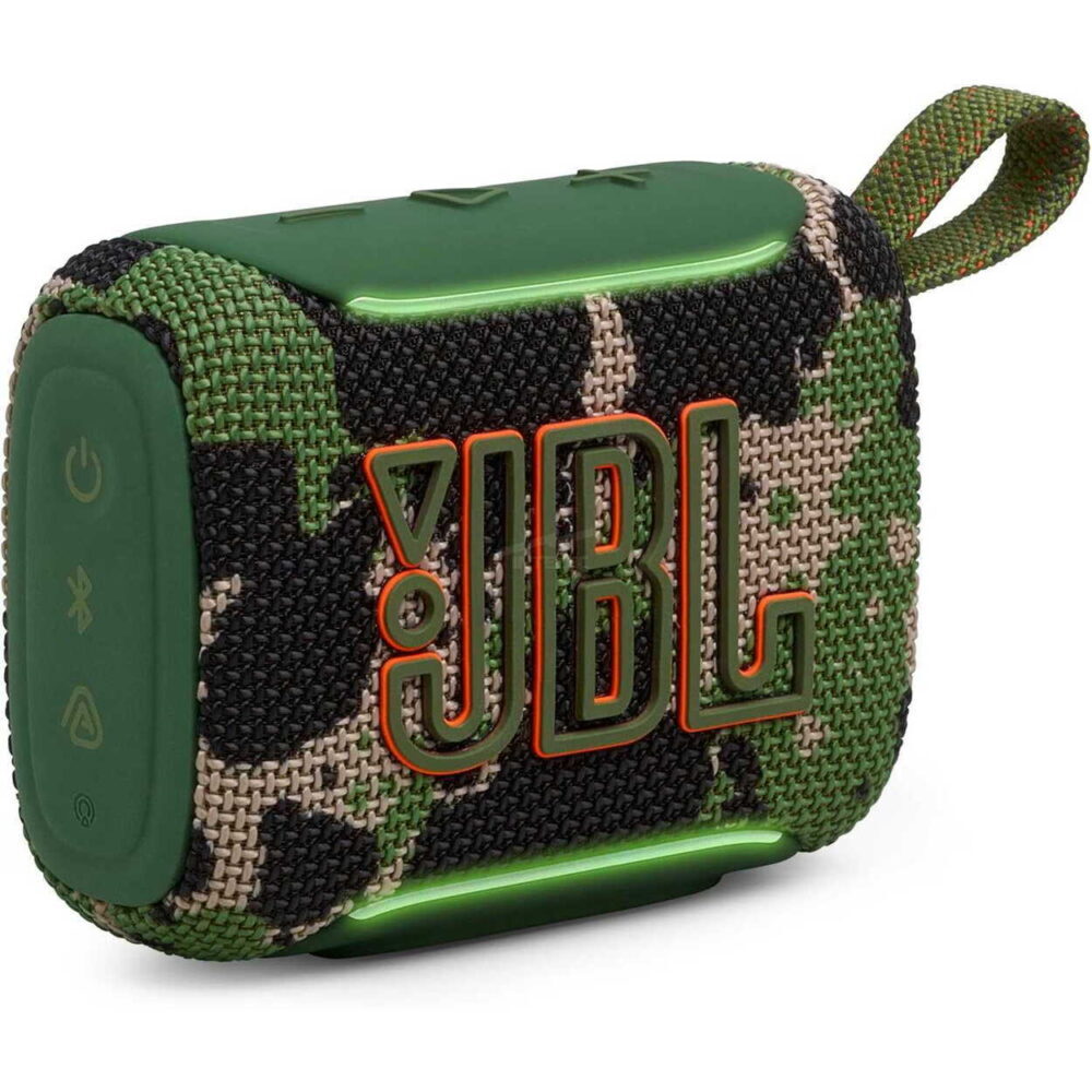 Green camo JBL portable Bluetooth speaker with bold orange-outlined JBL logo on the side, woven fabric design, power button visible on the side.