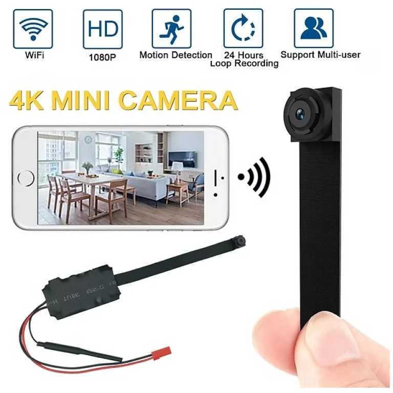 4K mini wireless camera kit with smartphone showing living room feed; features Wi‑Fi, motion detection, loop recording, and multi‑user support icons above.