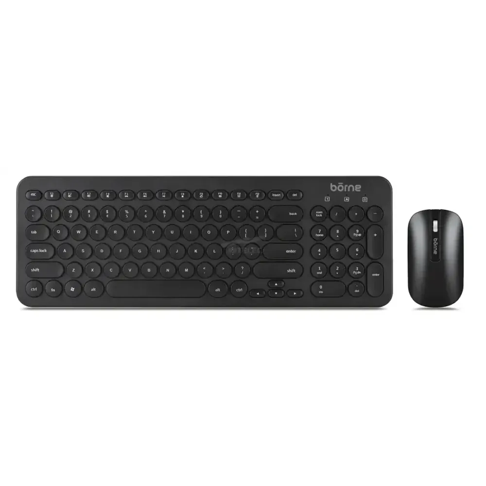 Black wireless keyboard with round keys and a matching black mouse, brand name 'borne' visible on the top right of the keyboard and the mouse.