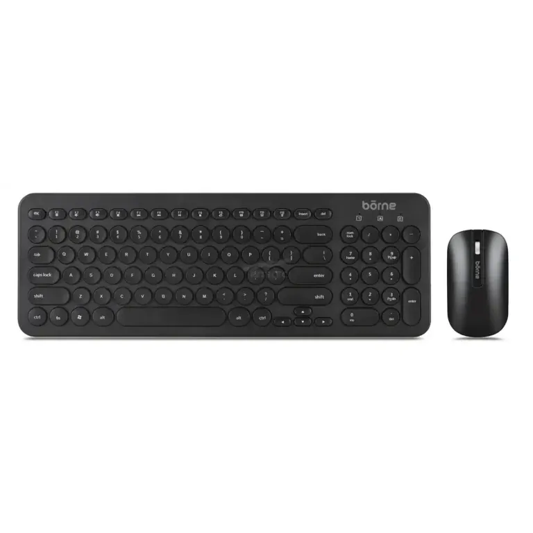 Black wireless keyboard with round keys and a matching black mouse, brand name 'borne' visible on the top right of the keyboard and the mouse.