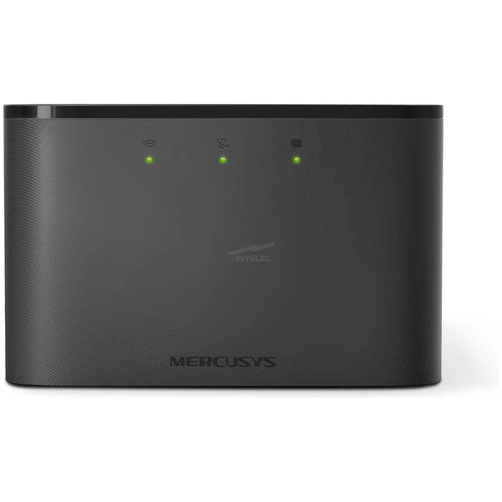 Black Mercusys wireless router with a textured front, four green LED indicators on top front edge, and a subtle logo in the center-right.