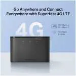Black MerCUSYS 4G LTE router on a light blue backdrop with a large '4G' graphic and the slogan 'Go Anywhere and Connect Everywhere with Superfast 4G LTE' above it, plus small speed icons indicating 150 Mbps down / 50 Mbps up and 2.4 GHz Wi‑Fi.