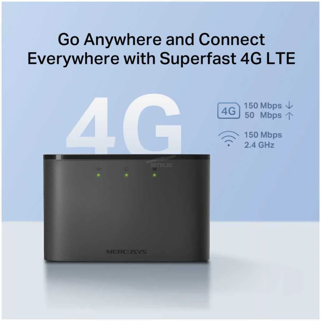 Black MerCUSYS 4G LTE router on a light blue backdrop with a large '4G' graphic and the slogan 'Go Anywhere and Connect Everywhere with Superfast 4G LTE' above it, plus small speed icons indicating 150 Mbps down / 50 Mbps up and 2.4 GHz Wi‑Fi.