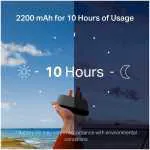 Split-image ad: '2200 mAh for 10 Hours of Usage' with sun left, moon right, hand holding a device over a beach scene; small print at bottom about battery life variability