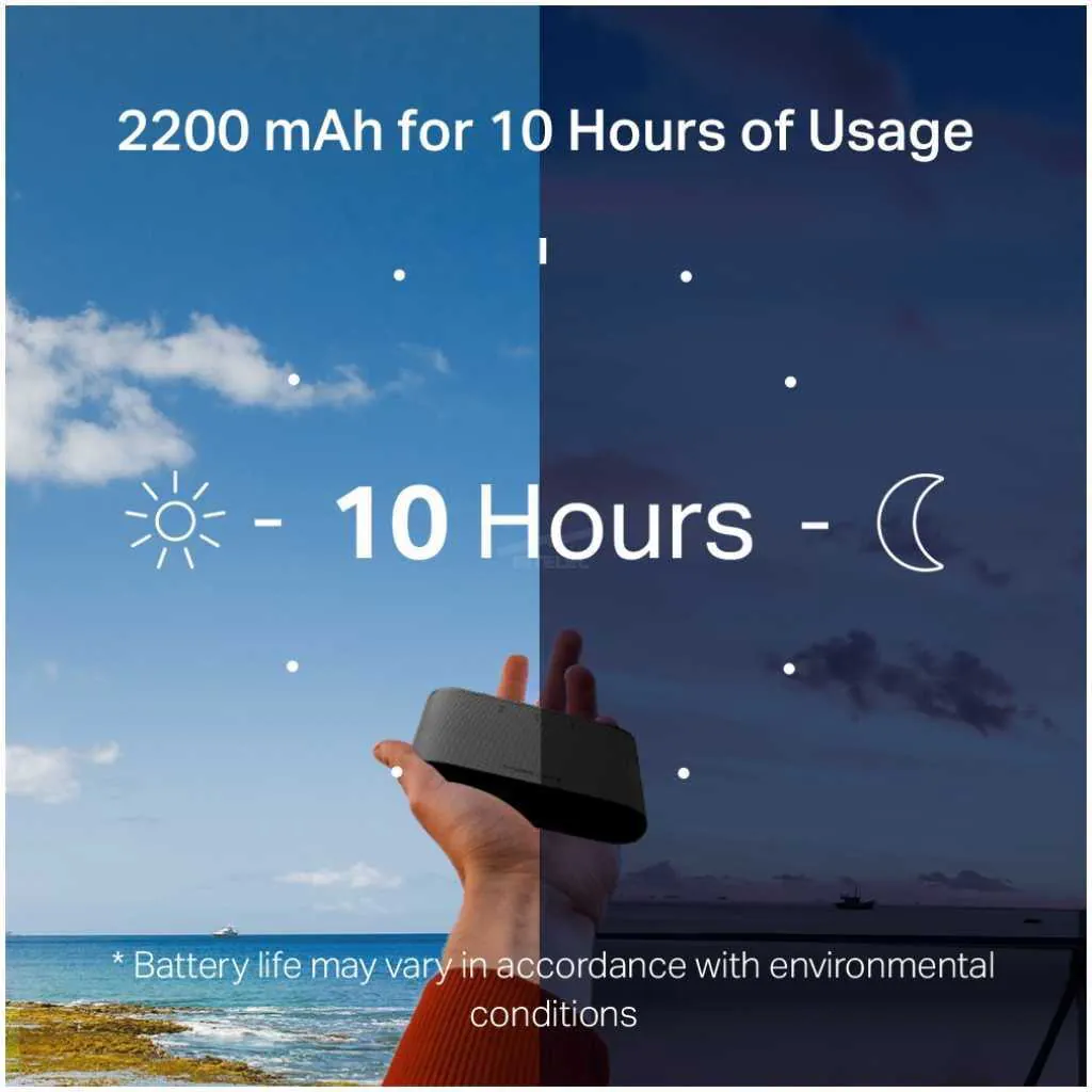 Split-image ad: '2200 mAh for 10 Hours of Usage' with sun left, moon right, hand holding a device over a beach scene; small print at bottom about battery life variability