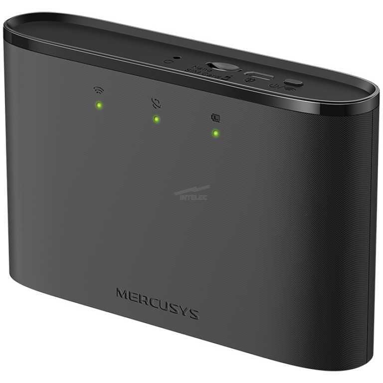 Mercusys black wireless router with green status LEDs on the front panel
