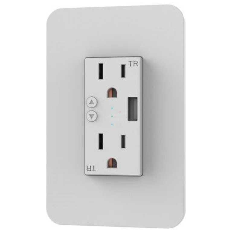 White wall plate with a dual-outlet GFCI receptacle plus a USB charging port and small test/reset buttons