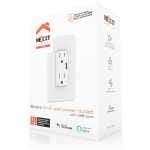 Boxed Smart Wi‑Fi wall power outlet with USB port, branded NEXT, showing product image and features on packaging