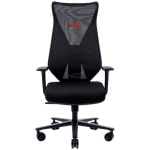 Ergonomic black office chair with mesh backrest, cushioned seat, adjustable armrests, and five-wheel base.