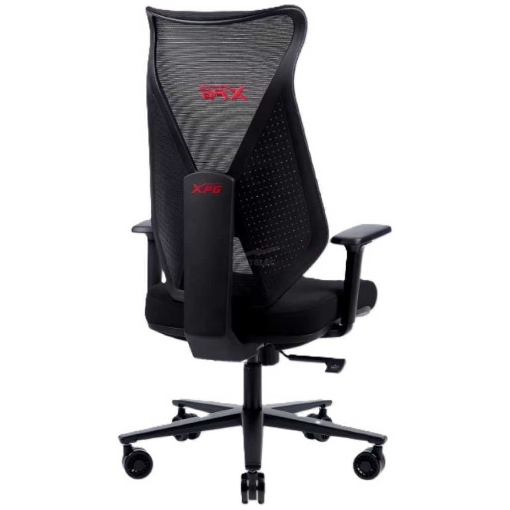 Black ergonomic office chair with a mesh back, padded seat, and five caster wheels.