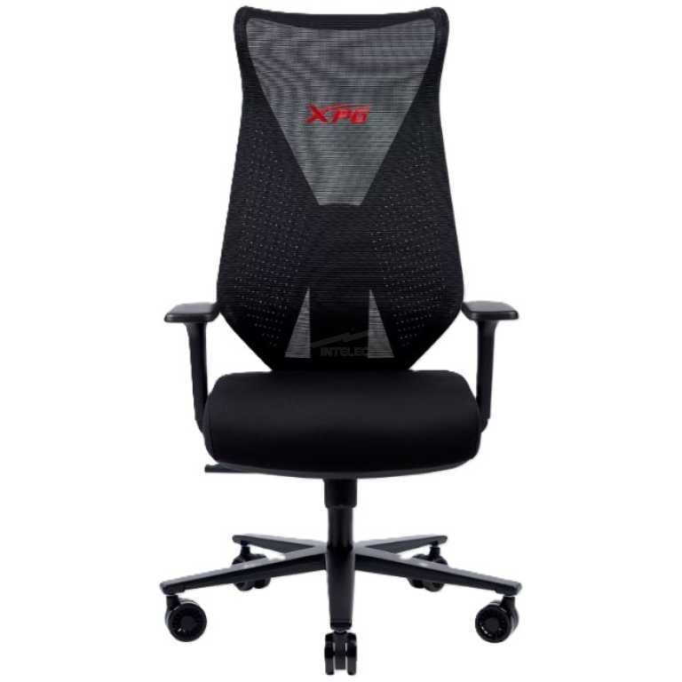 Ergonomic black office chair with mesh backrest, cushioned seat, adjustable armrests, and five-wheel base.