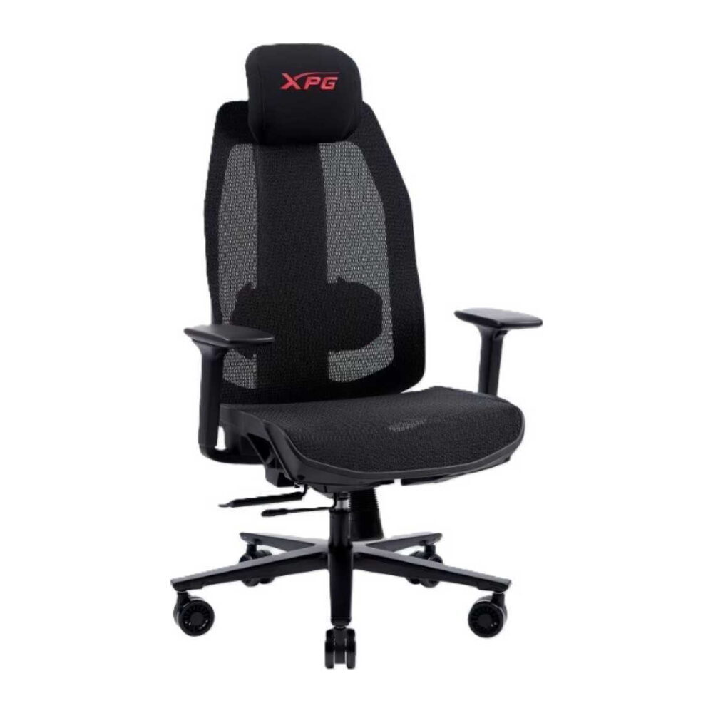 Ergonomic black office chair with mesh back, headrest, cushioned seat, adjustable arms, and rolling caster base (XPG).