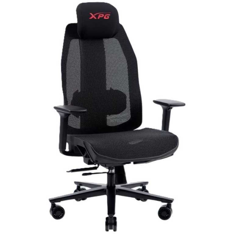 Ergonomic black office chair with mesh back, headrest, cushioned seat, adjustable arms, and rolling caster base (XPG).