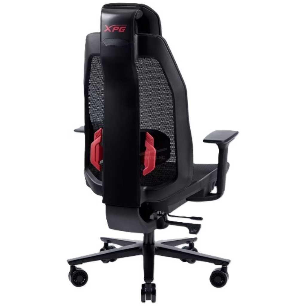 Black gaming chair with a tall back, mesh panels, red adjustment levers, armrests, and a wheeled base, viewed from the rear.