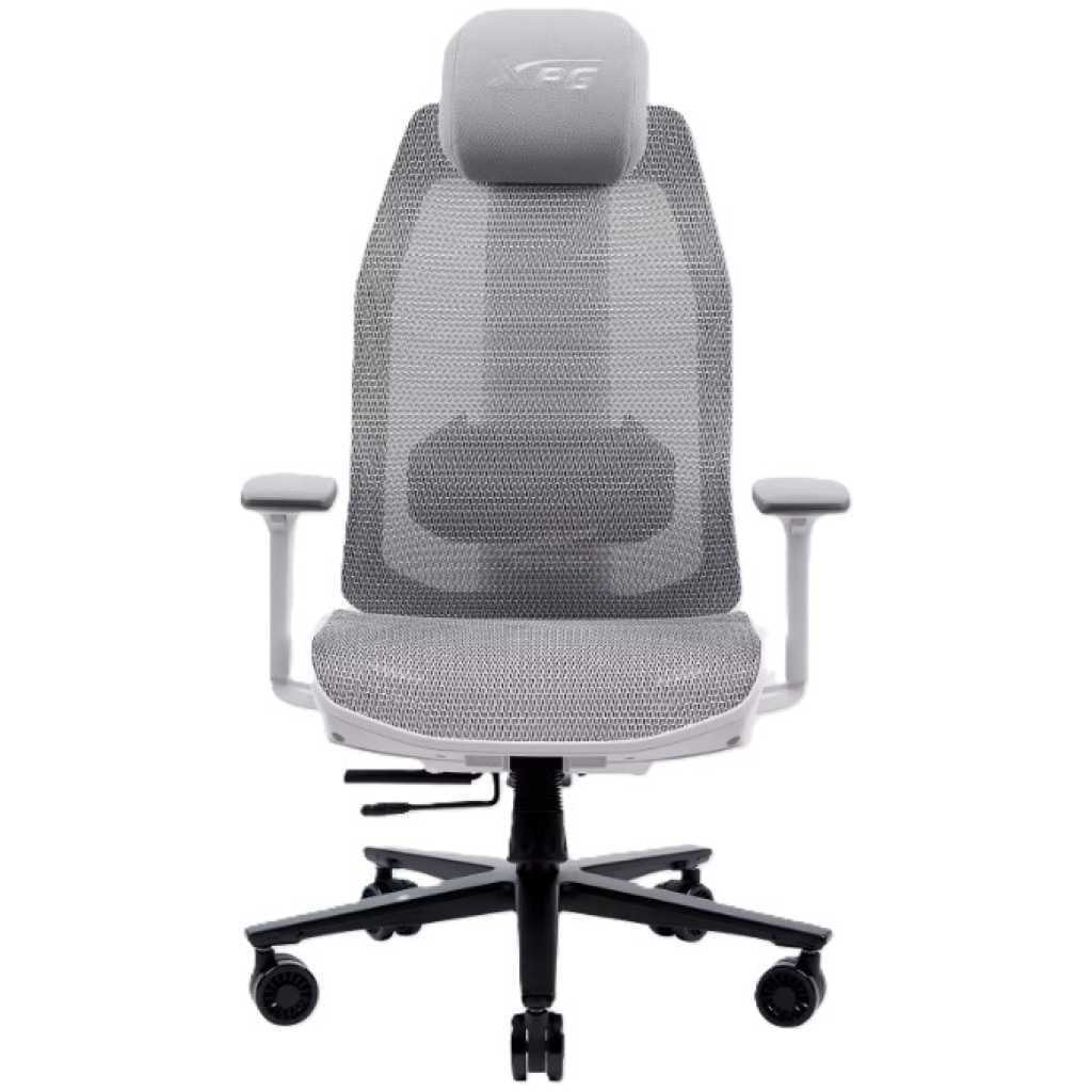 Gray ergonomic mesh office chair with adjustable armrests, headrest, and wheeled base.