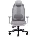 Gray ergonomic mesh office chair with adjustable armrests, headrest, and wheeled base.