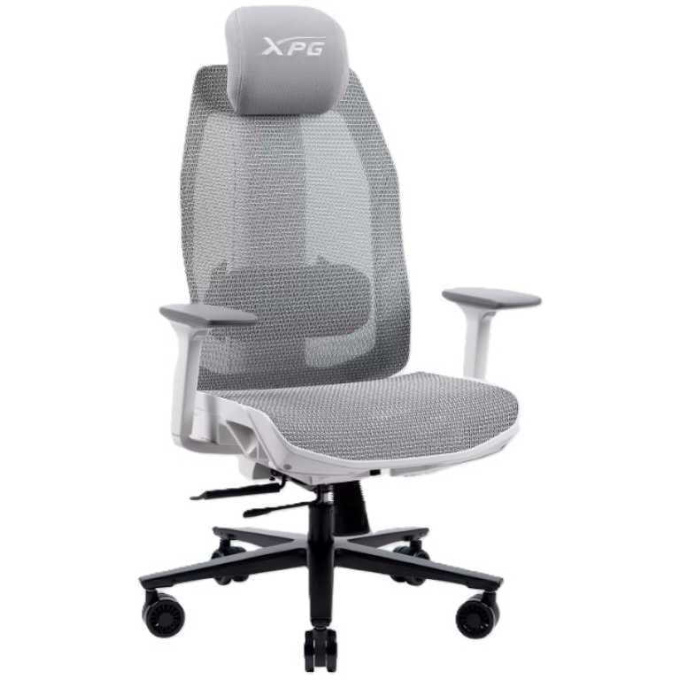 Ergonomic grey mesh office chair with headrest, adjustable armrests, and a five-wheel base on a white background.