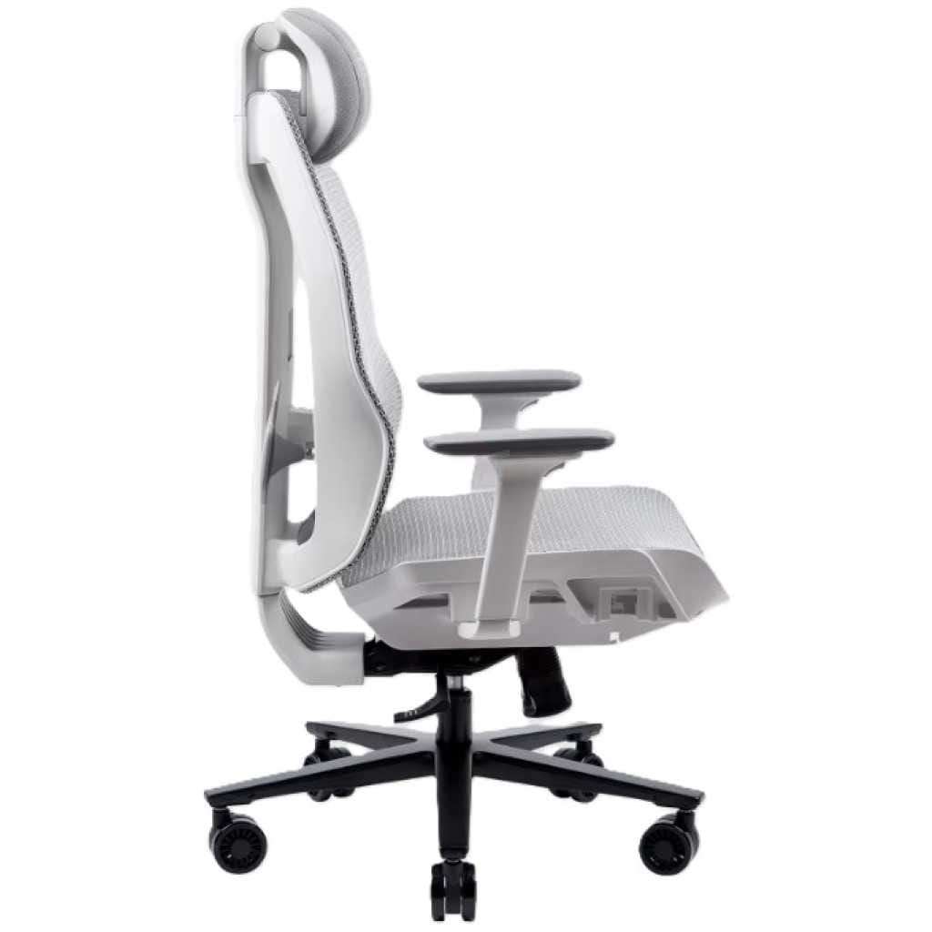 Side view of a white ergonomic office chair with mesh back, headrest, adjustable armrests, and five-wheel base with casters.