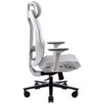 Side view of a white ergonomic office chair with mesh back, headrest, adjustable armrests, and five-wheel base with casters.