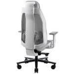 Ergonomic white and gray mesh office chair with a tall back, adjustable armrests, and five-wheel base.